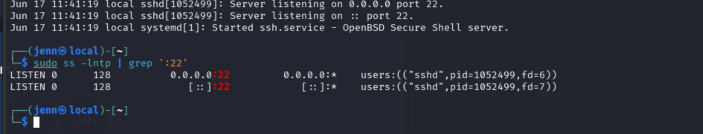 ss -lntp confirming port 22 listening on the attack machine